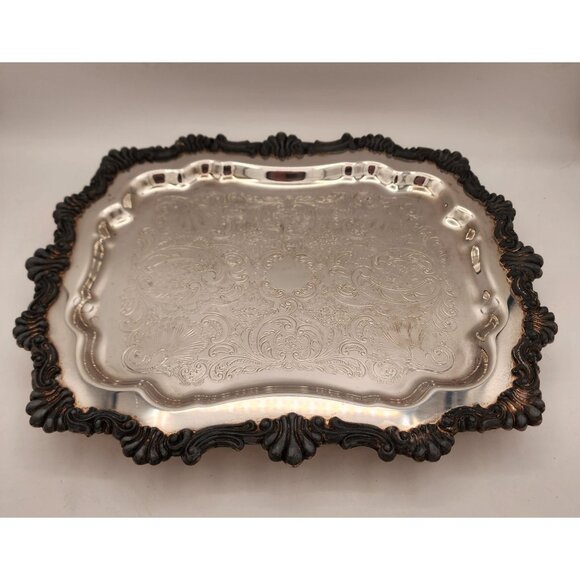 Vintage Rogers 6720 Silver Plated Footed Tray Victorian Oxidized Detail Holiday - Picture 1 of 12